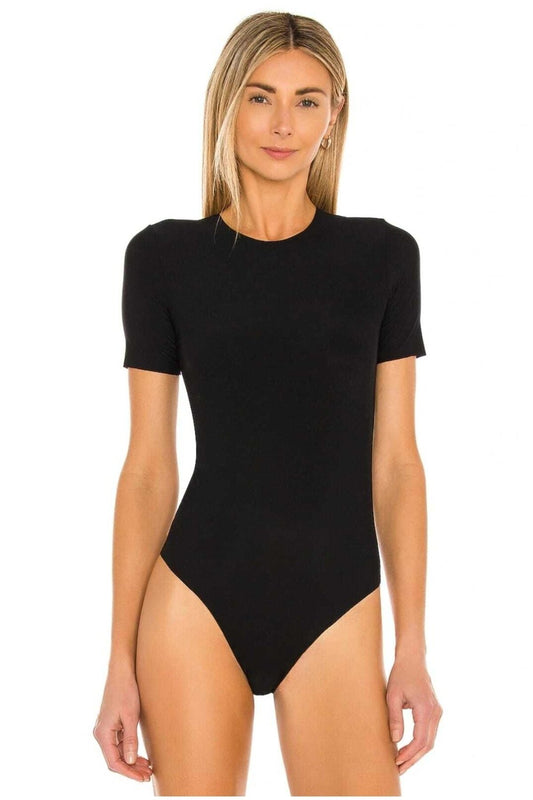 Short Sleeve Silk Jersey Crew Neck Bodysuit - Black