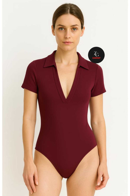 Short Sleeve Silk Jersey Placket Collar Body - Burgundy