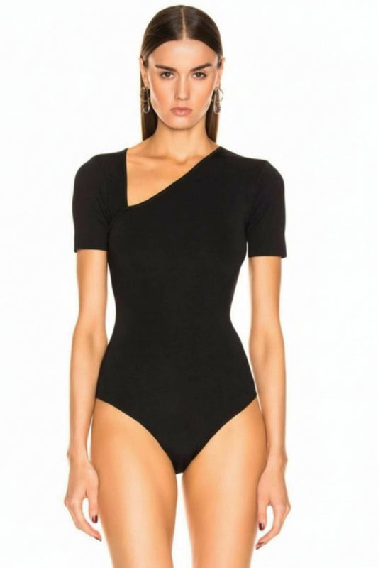 Short Sleeve Silk Jersey Plunging Bodysuit - Black