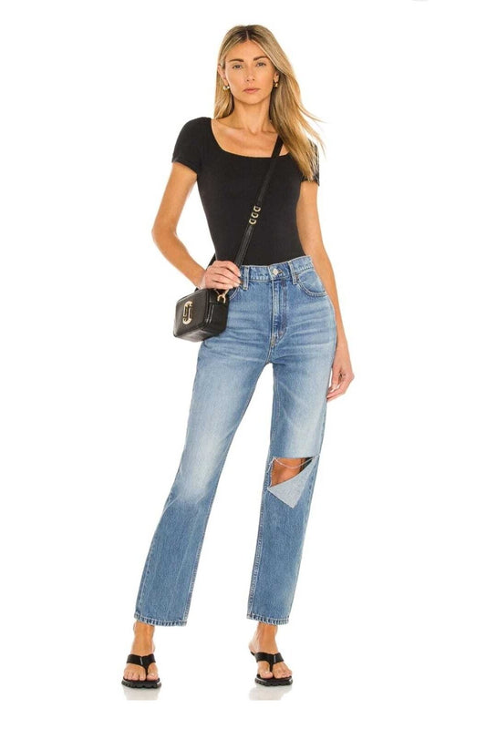 Short Sleeve Silk Jersey Square Neck Bodysuit - Black