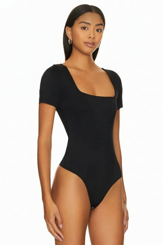 Short Sleeve Silk Jersey Square Neck Bodysuit - Black