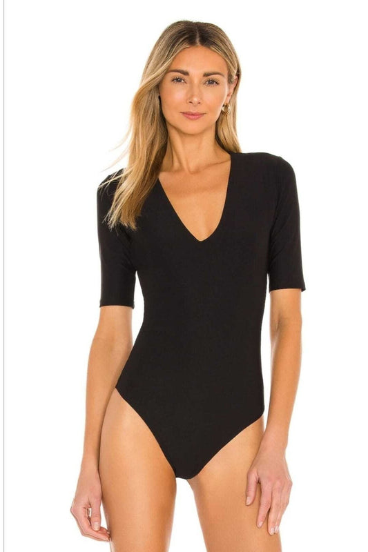 Short Sleeve Silk Jersey V Neck Bodysuit - Black