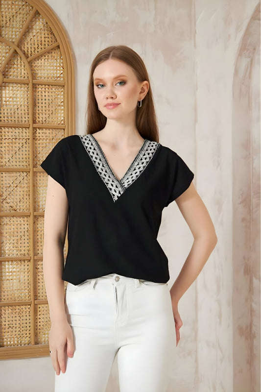 Short Sleeve Summer Embroidered Blouse - Black and White