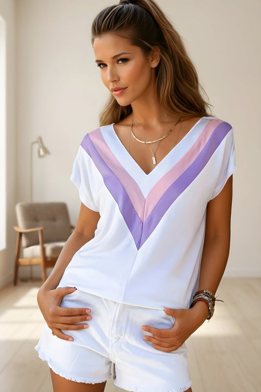 Short Sleeve V-Neck Sweat-proof Blouse - White