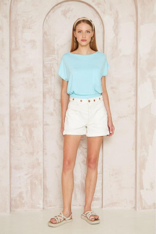 Short Sleeve Wide Round Neck Elasticated Hem Pocket Crop Blouse - Mint Green