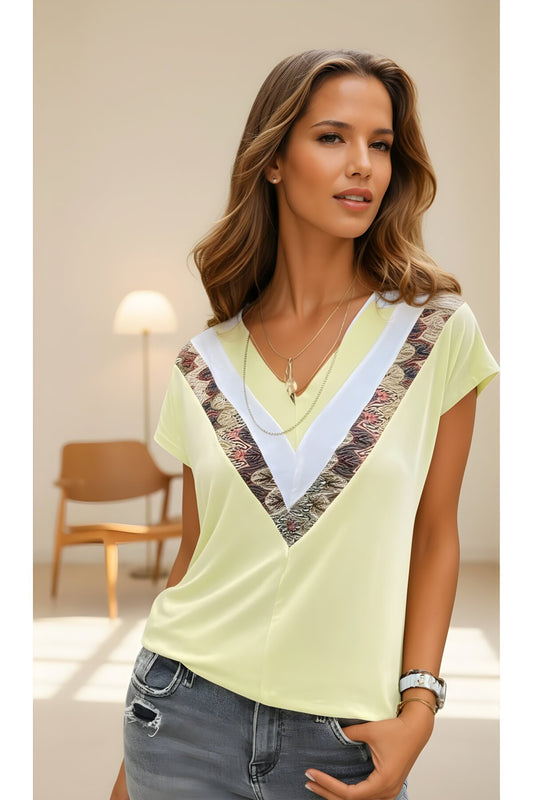 Short Sleeved Breathable V-Neck Blouse - Yellow