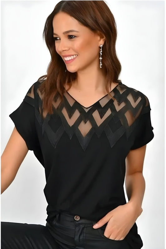 Short-Sleeved Embroidered Breathable Decollete Blouse - Black
