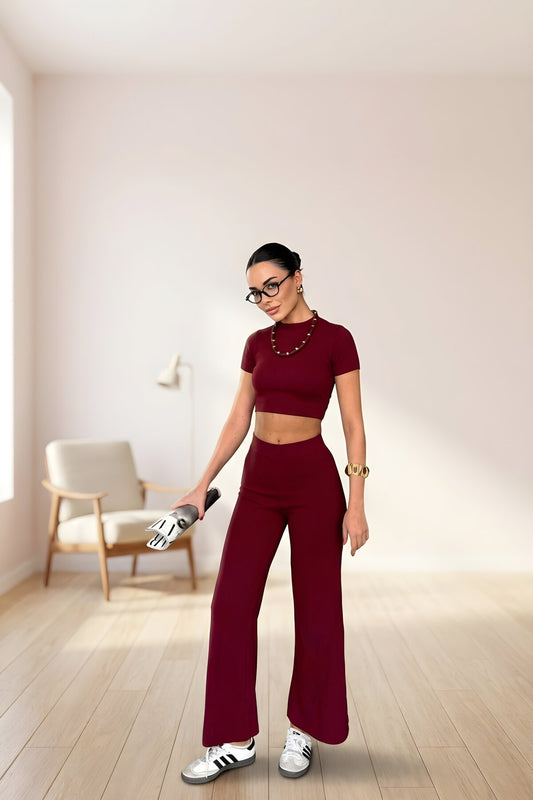 Short-Sleeved Flare Leg Soft Textured Two-Piece Set - Burgundy