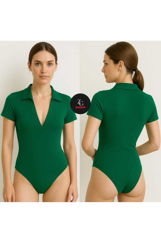 Short-Sleeved Silk Jersey Placket-Collar Bodysuit - Emerald Green