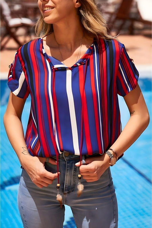 Short-Sleeved Striped Slit Neckline Lace-up Blouse - Navy Blue