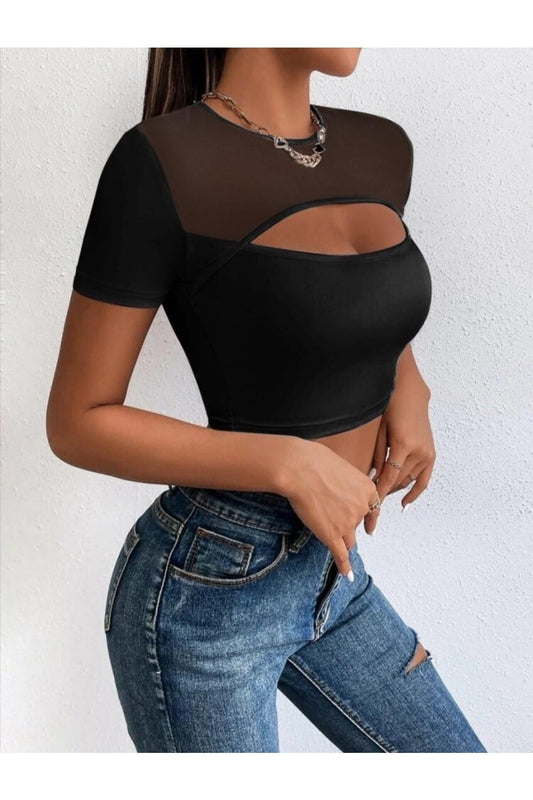 Short-Sleeved Tulle Low-Cut Blouse - Black