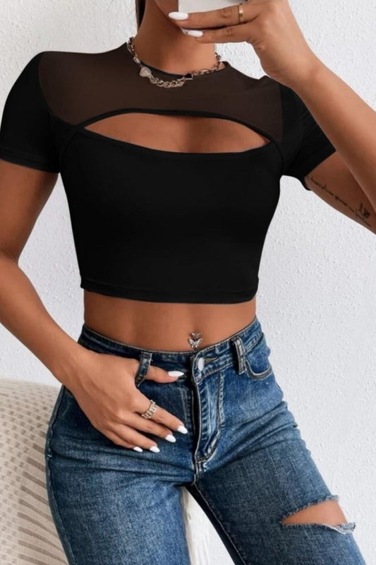 Short-Sleeved Tulle Low-Cut Blouse - Black