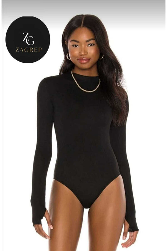 Silk Jersey Crew Neck Thumb Hole Bodysuit - Black