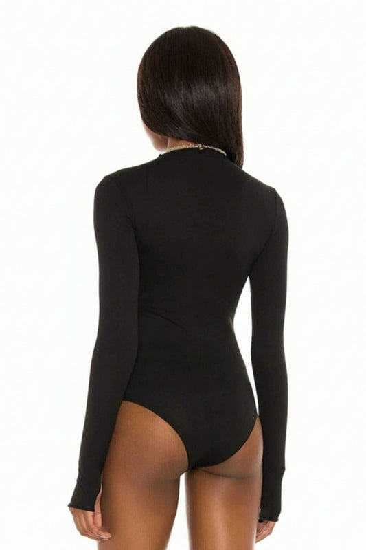 Silk Jersey Crew Neck Thumb Hole Bodysuit - Black