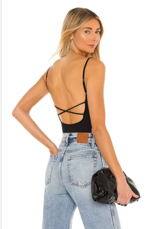 Silk Jersey Criss-Cross Strap Open Back Bodysuit - Black