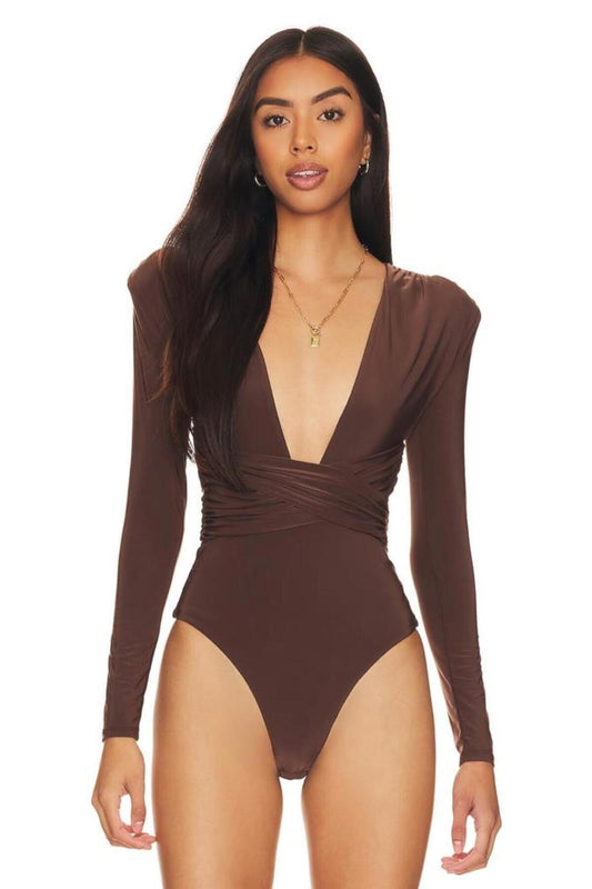 Silk Jersey Deep V Neck Gathered Bodysuit - Dark Brown
