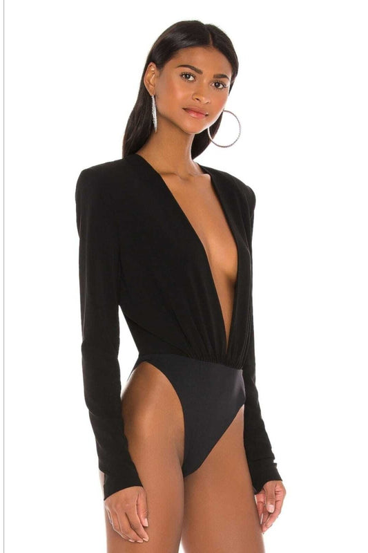 Silk Jersey Deep V Padded Gathered Waist Bodysuit - Black