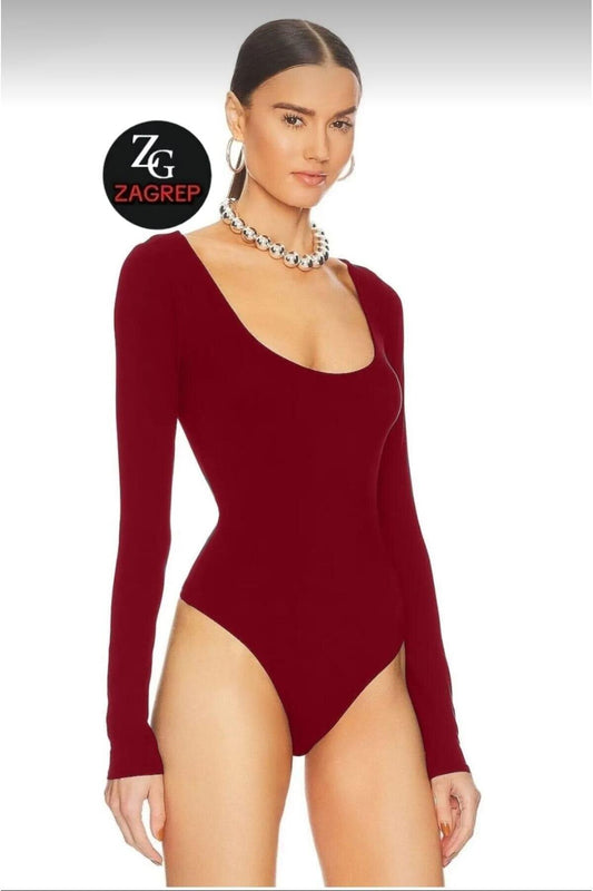 Silk Jersey Double-Layer Opaque Oval Neck Bodysuit - Burgundy