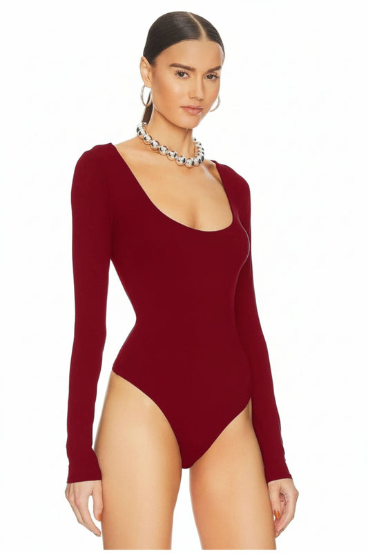 Silk Jersey Double-Layer Opaque Oval Neck Bodysuit - Burgundy