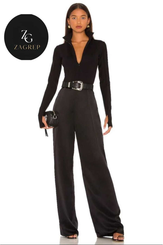 Silk Jersey Half Turtle Neck Concealed Zip Thumbhole Bodysuit - Black