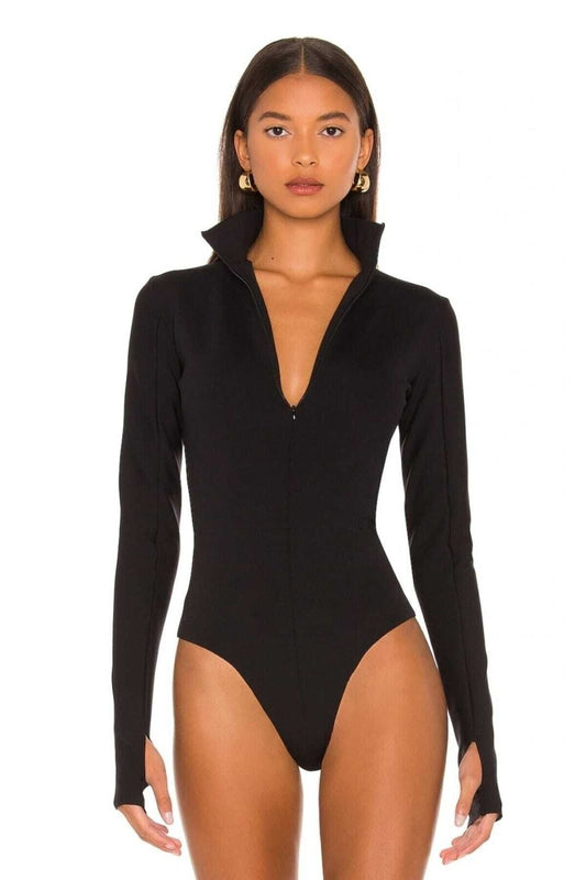 Silk Jersey Half Turtle Neck Concealed Zip Thumbhole Bodysuit - Black