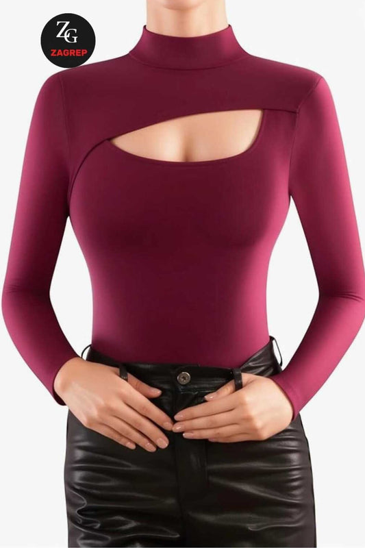 Silk Jersey Mock Neck Double Layered Cut-out Bodysuit - Burgundy