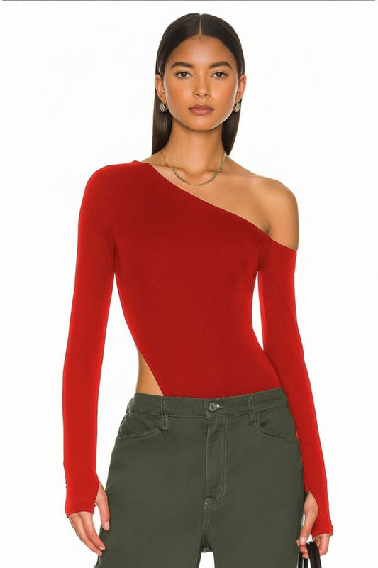 Silk Jersey Non-See-Through Thumb-Hole Collar Detail Bodysuit - Red