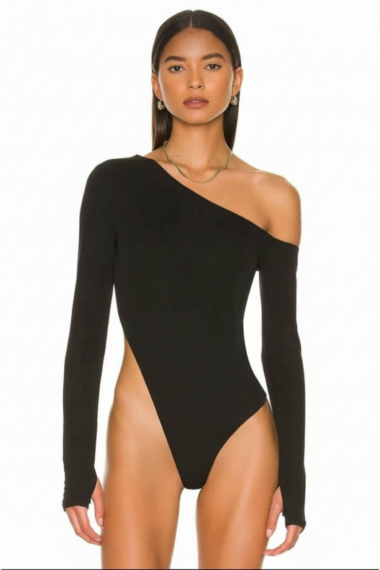 Silk Jersey Non-Sheer Thumb-hole Shoulder Detail Bodysuit - Black