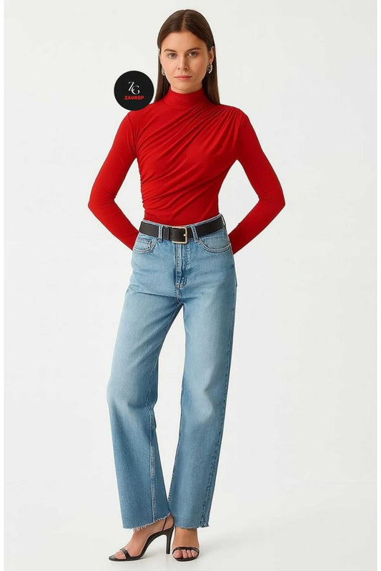 Silk Jersey Ruched Blouse - Red