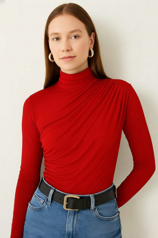 Silk Jersey Ruched Blouse - Red