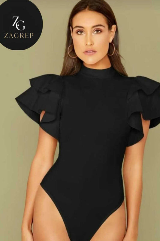 Silk Jersey Ruffle Sleeve Bodysuit - Black