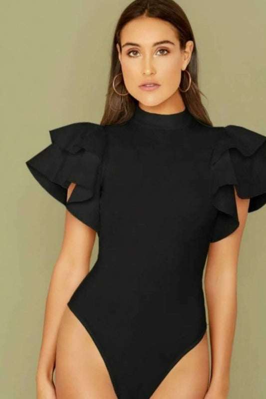 Silk Jersey Ruffle Sleeve Bodysuit - Black