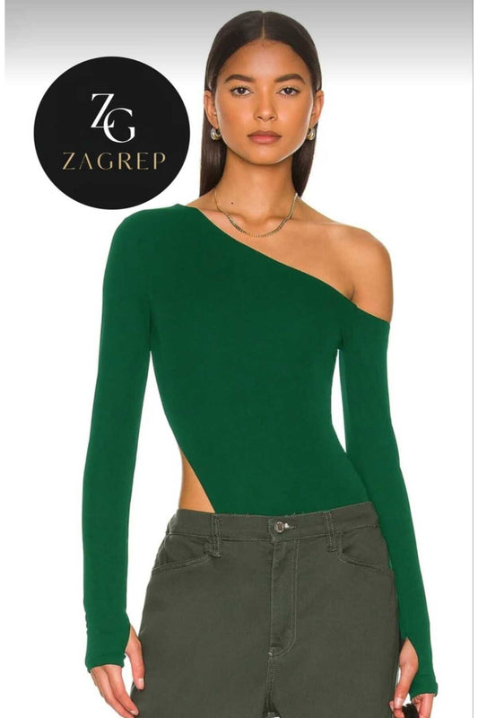 Silk Jersey Thumb-Hole Shoulder-Detail Bodysuit - Emerald Green