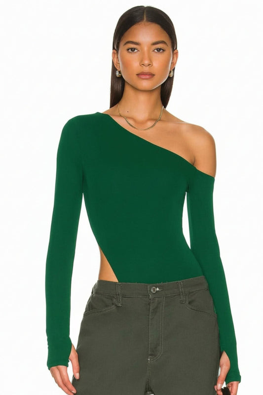 Silk Jersey Thumb-Hole Shoulder-Detail Bodysuit - Emerald Green