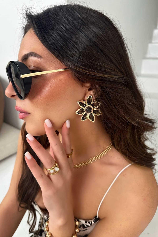 Silver Flower Earrings - Black