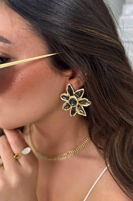 Silver Flower Earrings - Black