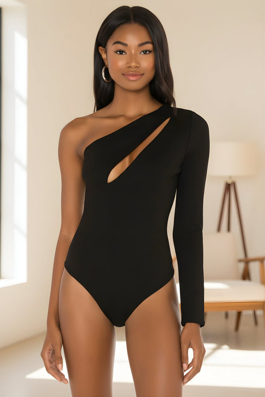 Single-Sleeve Front-Split Shoulder Cutout Bodysuit - Black