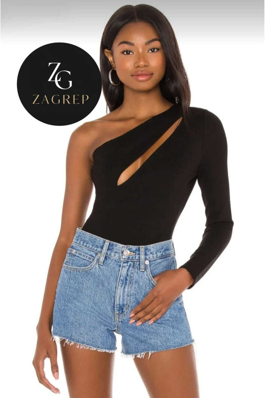 Single-Sleeve Front-Split Shoulder Cutout Bodysuit - Black