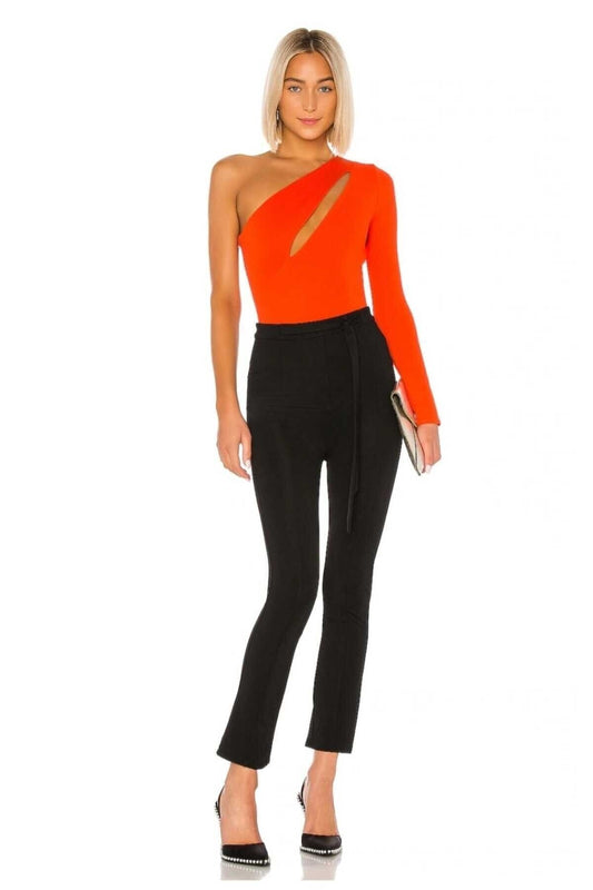 Single-Sleeve Silk Jersey Front-Slit Bodysuit - Red