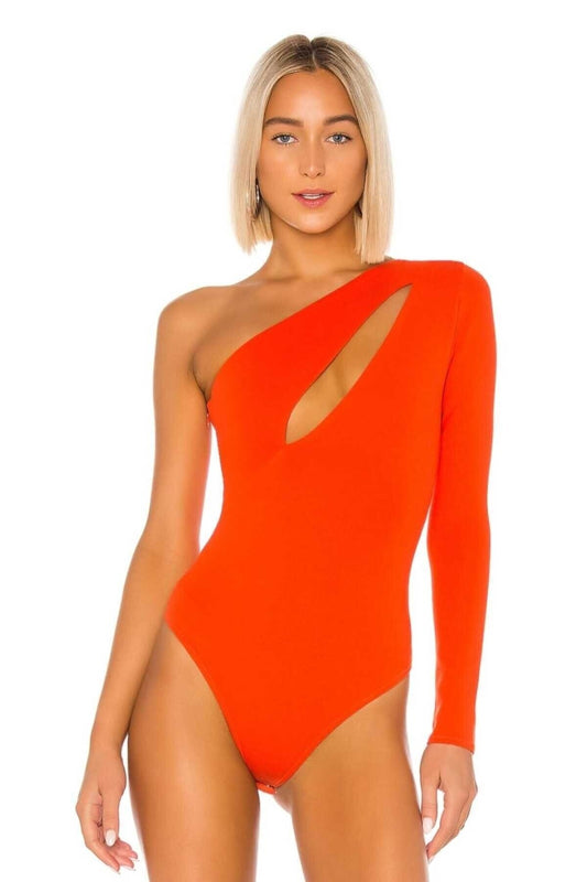 Single-Sleeve Silk Jersey Front-Slit Bodysuit - Red