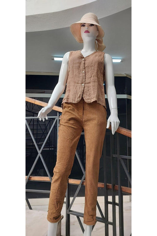 Skinny Stretchy Corduroy Belted Pants - Camel