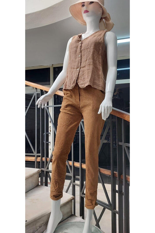 Skinny Stretchy Corduroy Belted Pants - Camel
