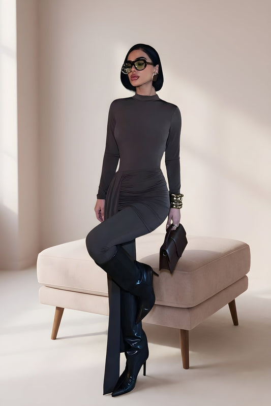 Skirt-Look Belt-Detail Jumpsuit - Brown