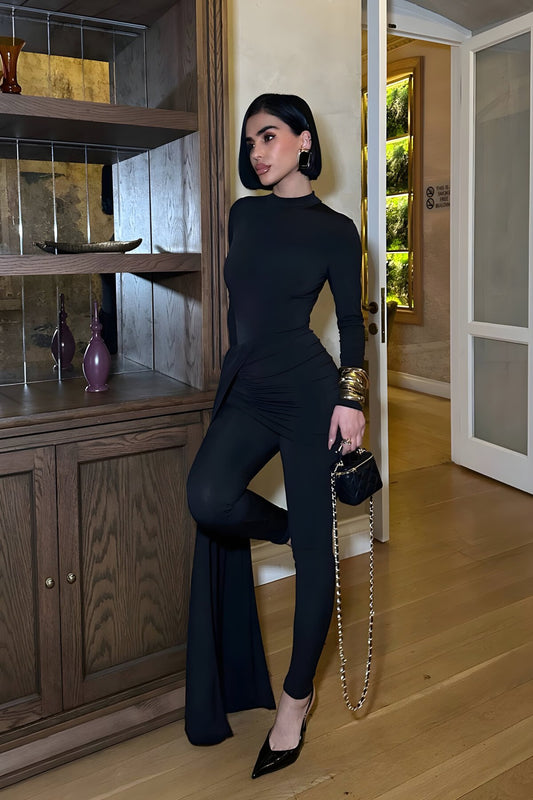 Skirt-Look Sash-Detail Jumpsuit - Black