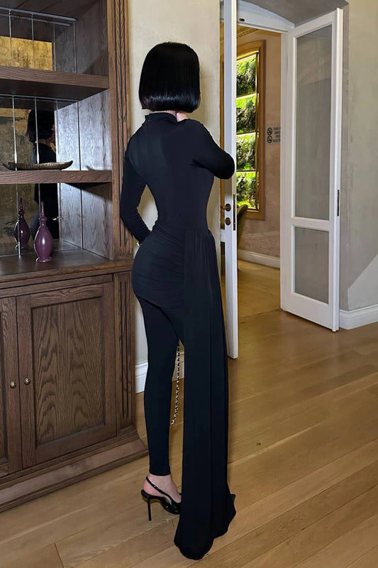 Skirt-Look Sash-Detail Jumpsuit - Black