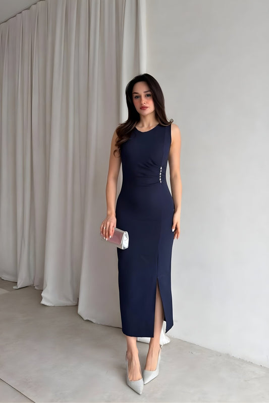 Sleeveless Midi Accessory Detail Slit Dress - Navy