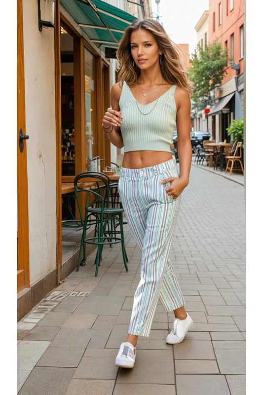 Slim Fit Carrot Striped Linen Pants with Pockets - Green