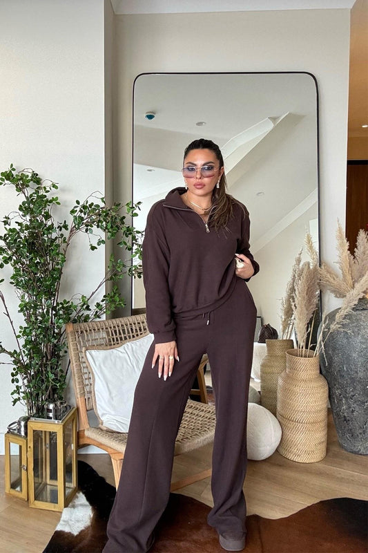 Soft Touch Half-Zippered Tracksuit Set - Brown