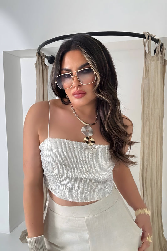 Spaghetti Strap Rhinestone Sequined Crop Top