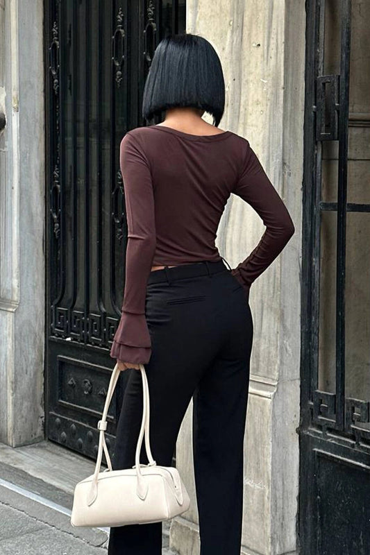 Spanish Sleeve Button Detail Blouse - Brown